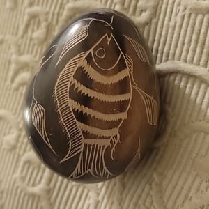 Vintage  Gray Stone Egg With Fish